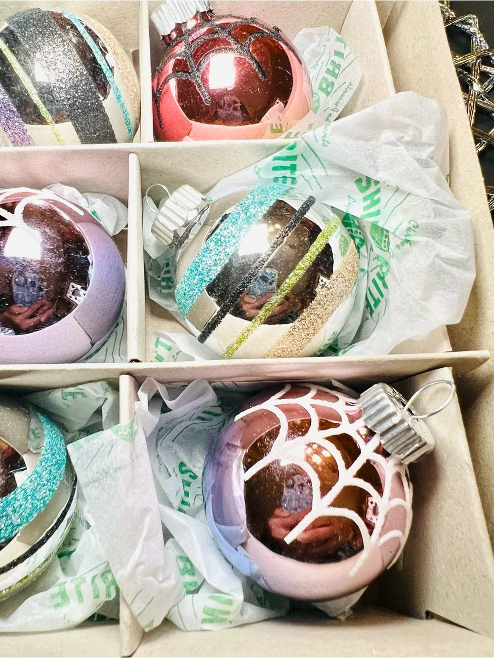 12 Radko Halloween Glass Ball Ornaments Glitter Stripes Pastel Pink Lilac Blue